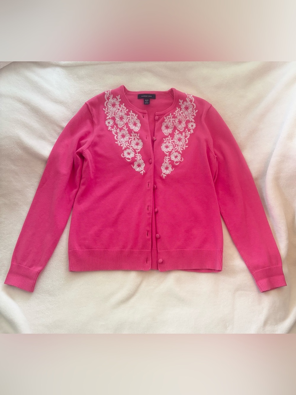 Lands' End Hot Pink Crewneck Cardigan with White Floral Embroidery